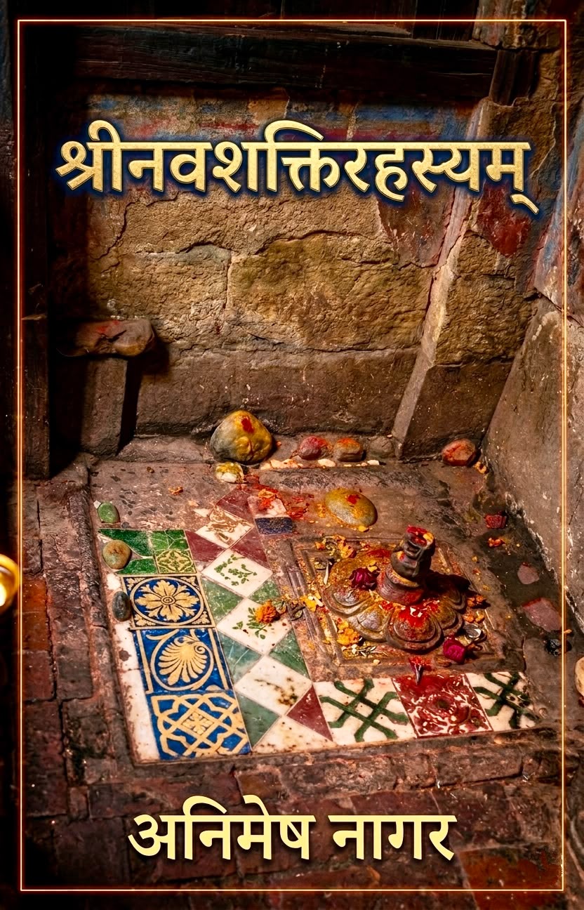 Cover of Śrīnavaśaktirahasyam: a temple sanctum with liṅga, offerings and inlaid tilework.