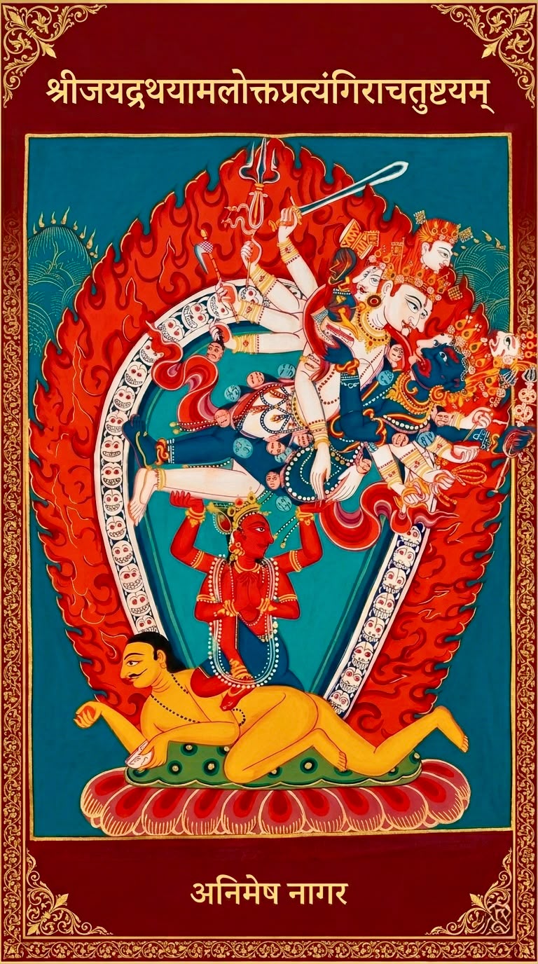 Cover of Śrījayadrathayāmaloktapratyaṅgirācatuṣṭayam: multi-armed Pratyaṅgirā within a flame arch, paubhā style.