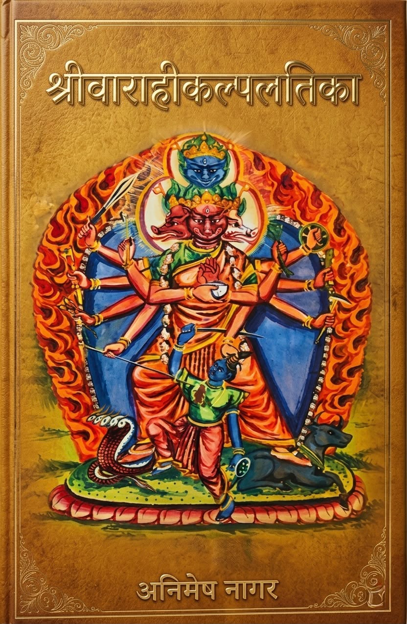 Cover of Śrīvārāhīkalpalatikā: the goddess Vārāhī, multi-armed with a boar face, within a garland of flames on a gold ground.